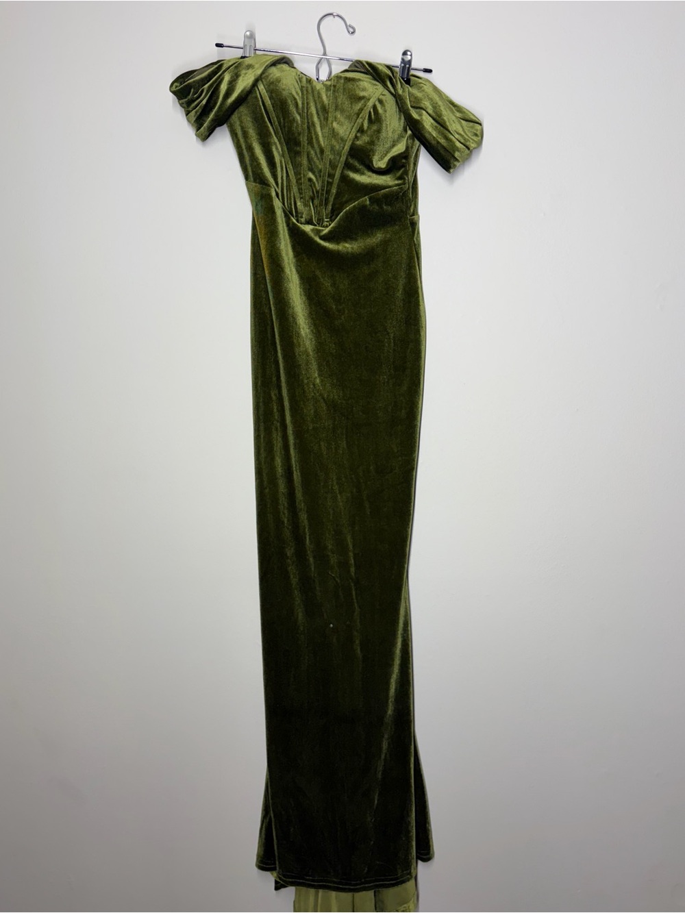 Olive Green Velvet Off-Shoulder Evening Gown